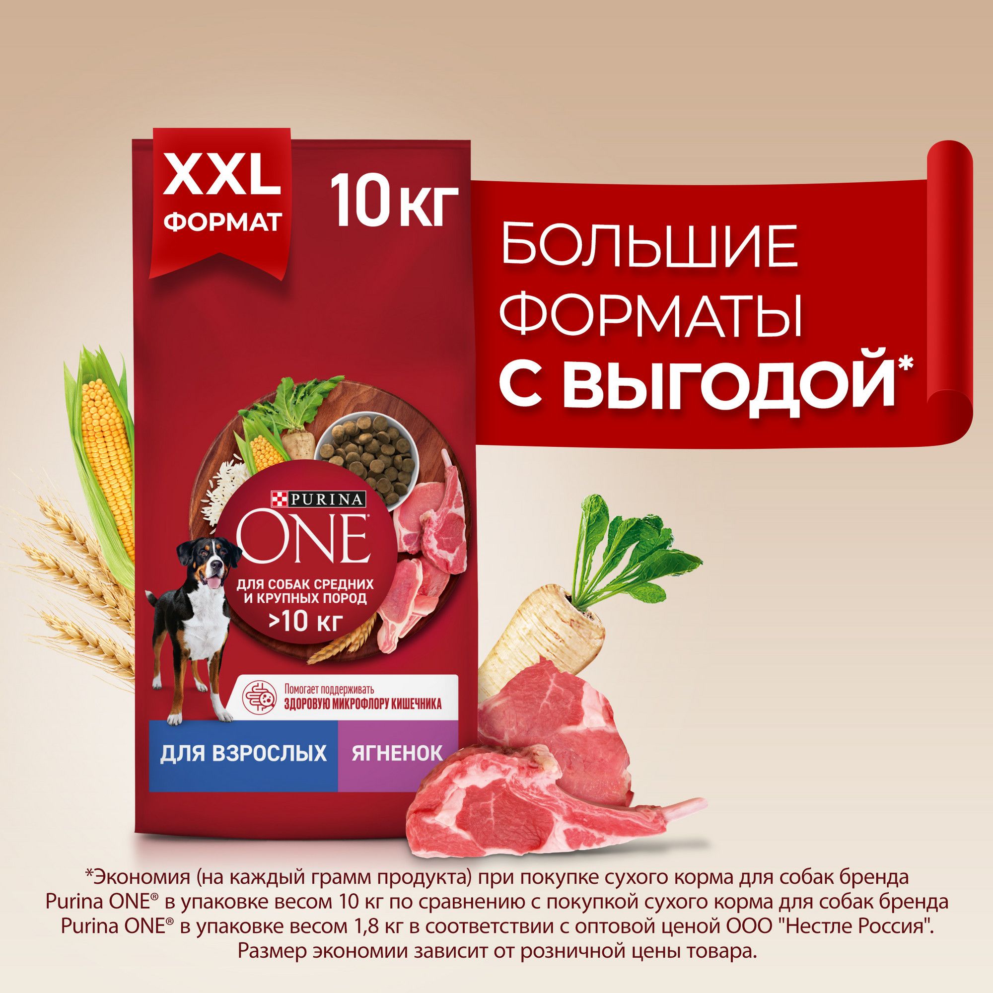 СухойкормдлясобакPurinaONEдлявзрослыхсобаксреднихикрупныхпород,сягненкомирисом,10кг