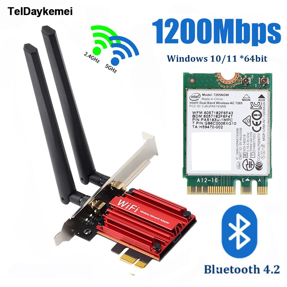 WiFi адаптер Intel AC7265 1200 Мбит/с PCIE Wifi Карта Bluetooth 4.2 2.4G/5 ГГц для ПК Комплект беспроводной локальной сети 6 ДБ Антенна