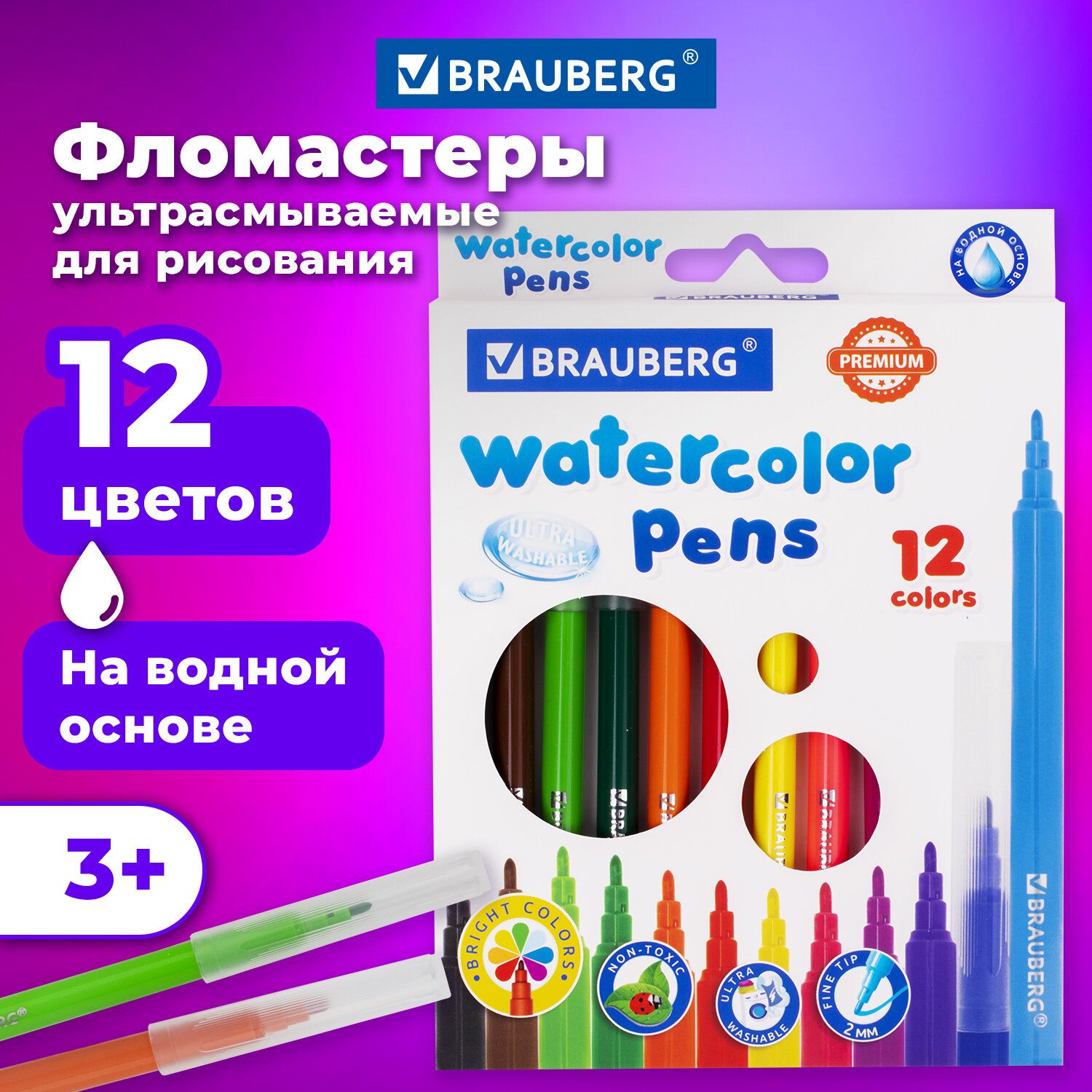 Фломастеры Brauberg Premium, 12 цветов, Ультрасмываемые, классические, вентилируемый колпачок, картонная коробка с европодвесом