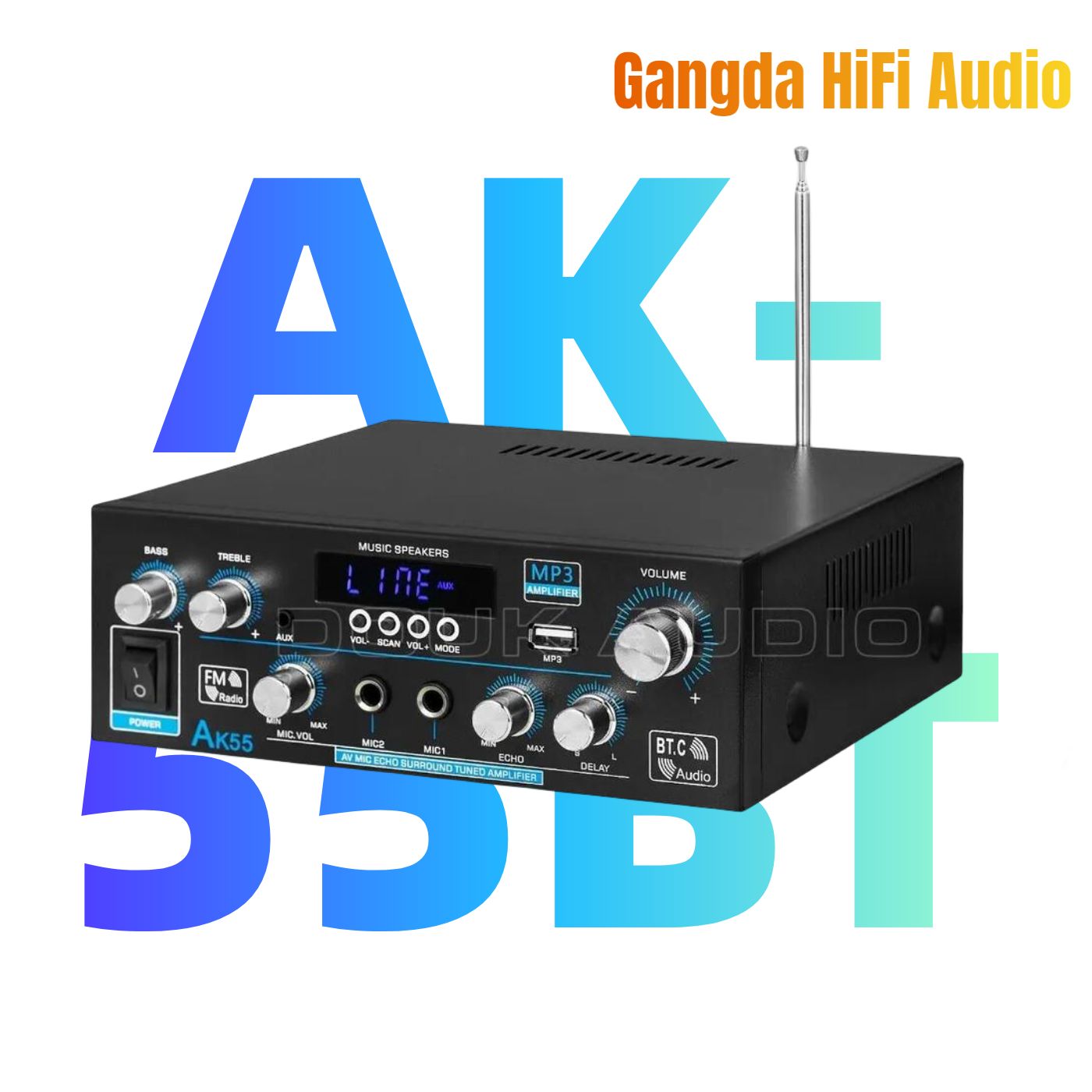 УсилительAK55Bluetooth5.0,поддержкаU-диска/FM-радио/микрофонноговхода,караоке-плеер,70Вт*2