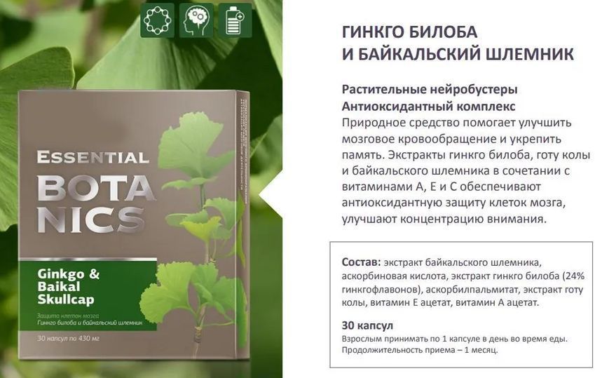 Укрепление памяти Гинкго билоба и байкальский шлемник Essential Botanics, 30 капсул