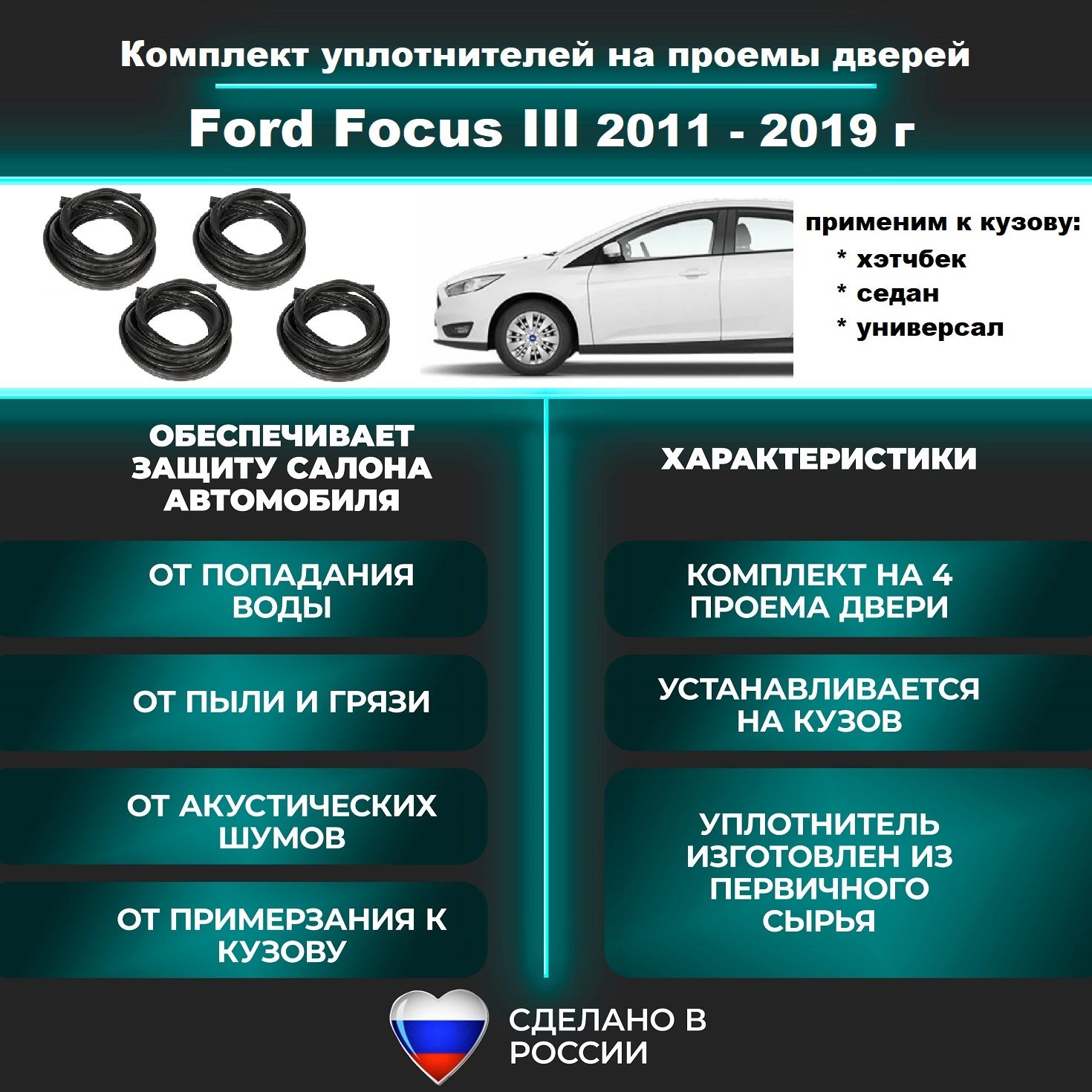 Комплект уплотнителей дверей на Ford Focus III 2011-2019 г / Форд Фокус 3  резинка на 4 двери купить по низкой цене в интернет-магазине OZON  (1383555170)