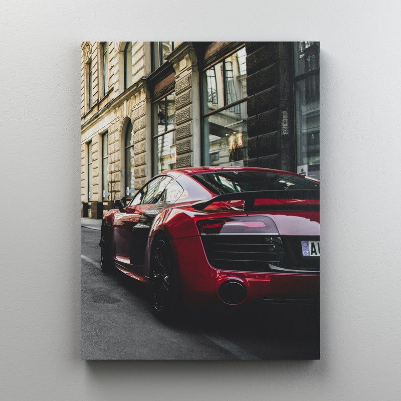Интерьерная картина на холсте "Красный автомобиль на дороге - Audi в городе" размер 60x80 см  #1