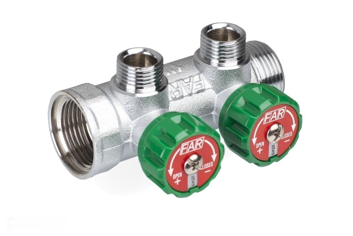 Регулирующий коллектор 1\" (ВР-НР) с 2 отв. 1/2\" НР (межосев. 45 мм ...