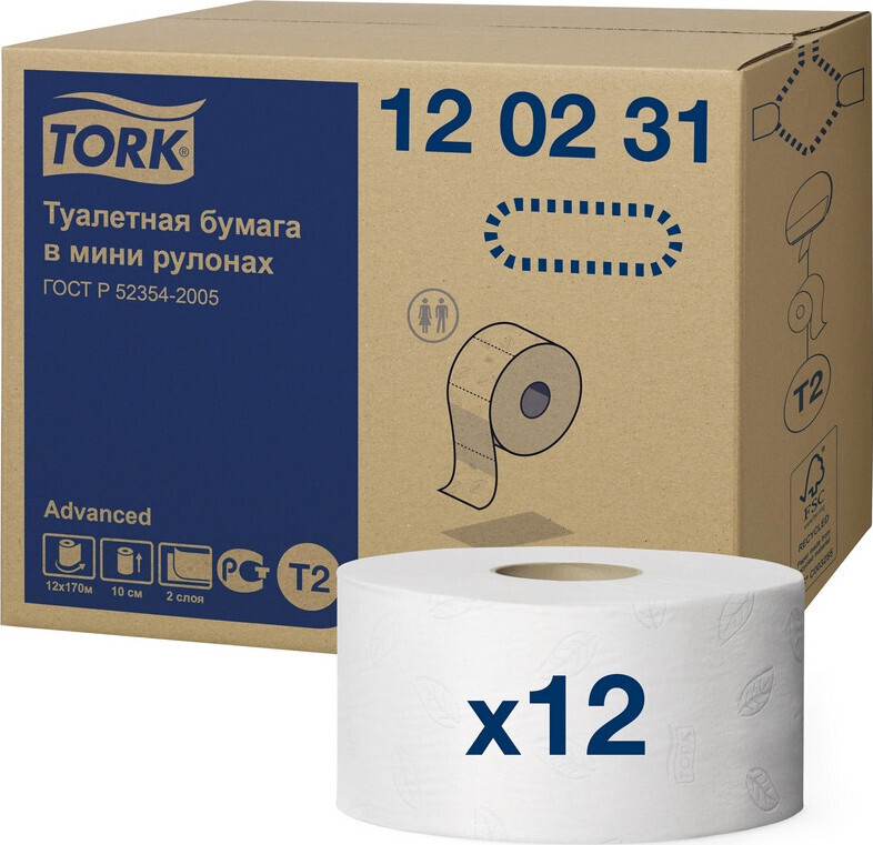 Бумага туалетная для диспенсера Tork T2 Advanced mini 2 слоя, 170м 12 ...