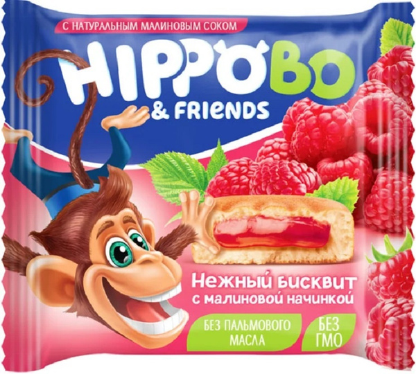 Бисквитное пирожное HIPPO BO & friends с малиновой начинкой, 12шт по 32 ...