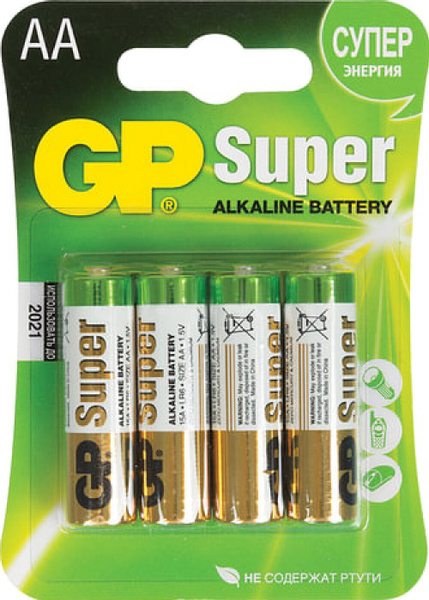 Батарейки КОМПЛЕКТ 4 шт., GP Super, AA (LR06, 15А), алкалиновые ...