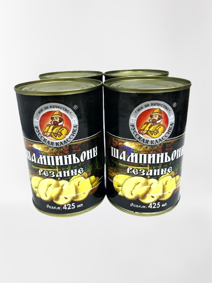 Русская Классика - Грибы, шампиньоны резаные, 425 мл / 400 г (4 шт в ...