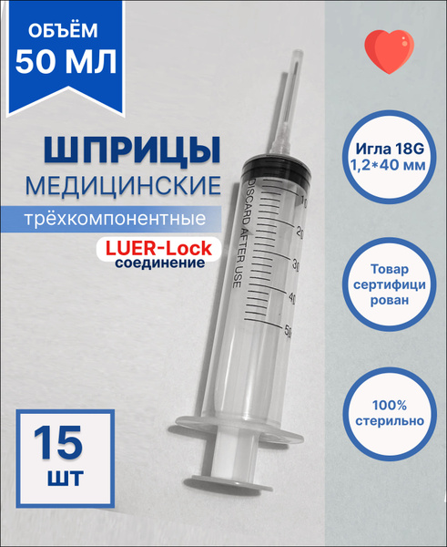Шприц медицинский 50 мл одноразовый стерильный для инъекций с иглой ...