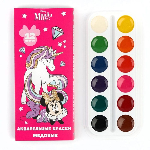 Акварель медовая в картонной коробке, 12 цветов, без кисти, Минни Маус ...