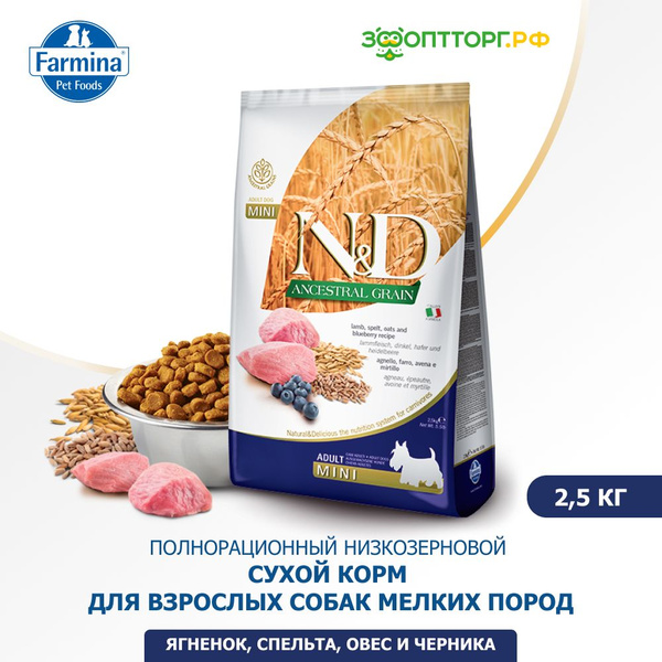 Сухой корм Farmina N&D Low Grain Dog Lamb&Blueberry Adult Mini для ...