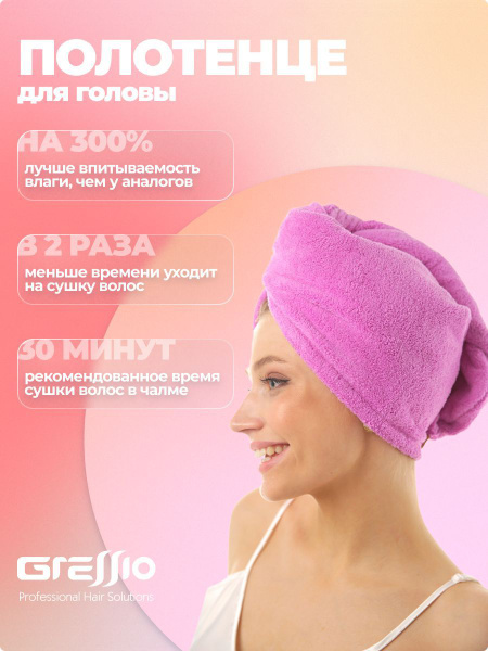 Полотенце для волос GRESSIO ПТМикрофибра Микрофибра 25x68 см, 1 шт ...