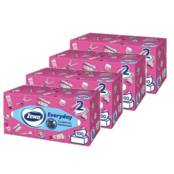 Zewa, Салфетки бумажные косметические Everyday 100 шт * 4 упаковки ...