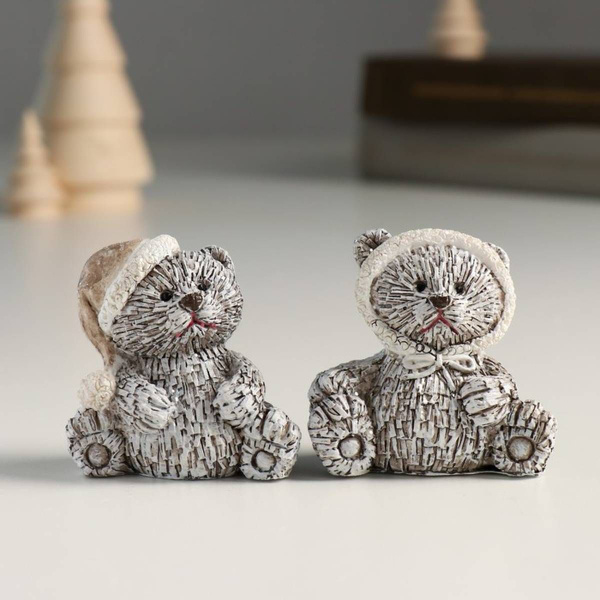 Новогодняя фигурка - Мишка в шапке/колпаке, серый, полистоун, 5.5х3.5х5 ...