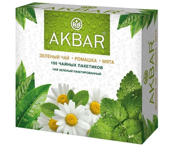 Akbar Чай зеленый в пакетиках Ромашка Мята, 100 пак, 3 упаковки ...