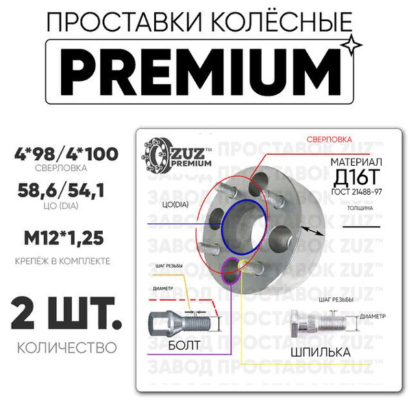 Проставки колёсные 2шт. 20мм 4х98/4х100 ЦО58,6/54,1 м12*1,25 болт ...