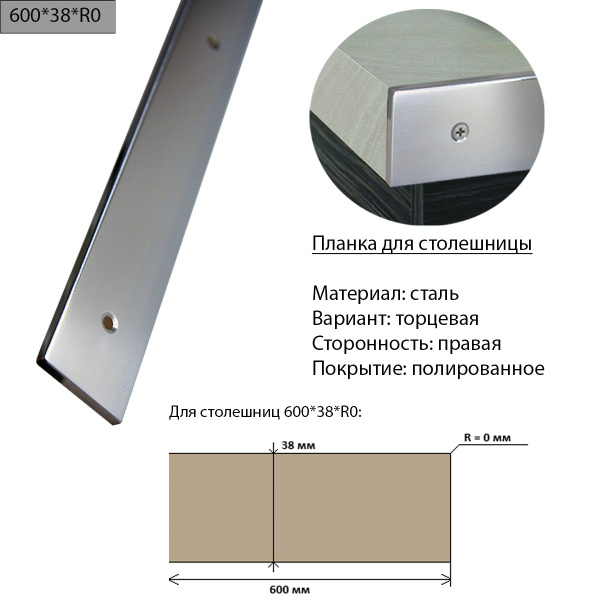 Планка для столешницы 38 мм сталь торцевая левая r9 матовая