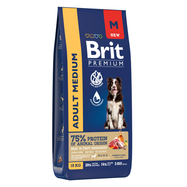 Сухой корм Brit Premium Dog Adult Medium с индейкой и телятиной для ...