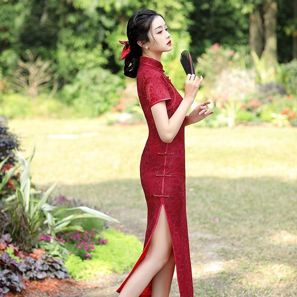 Красное платье Cheongsam средней длины в китайском стиле, свадебное ...