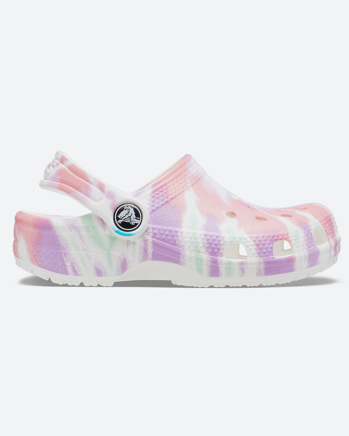 white and blue tie dye crocs