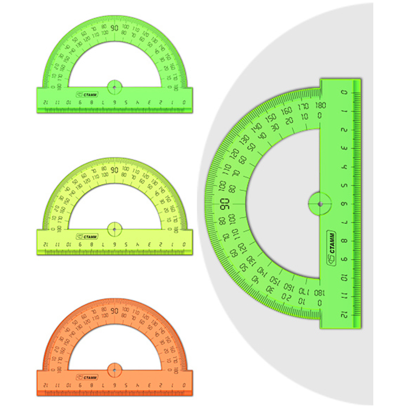 Транспортир 12 см, 180 градусов СТАММ, пластиковый, прозрачный, неоновые цвета, 3 шт