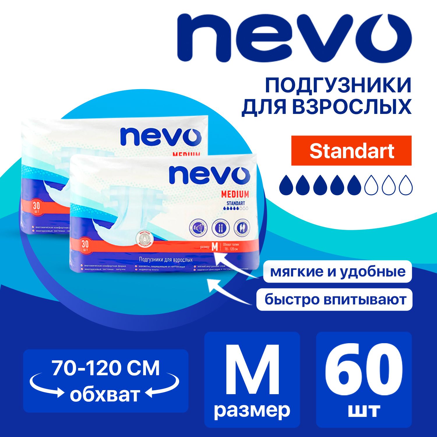 Подгузники для взрослых Nevo Medium Standart, ночные (дневные), 2 Размер, М, 60 штук, одноразовые дышащие впитывающие трусы с индикатором влаги для лежачих больных (2 упаковки по 30 шт)