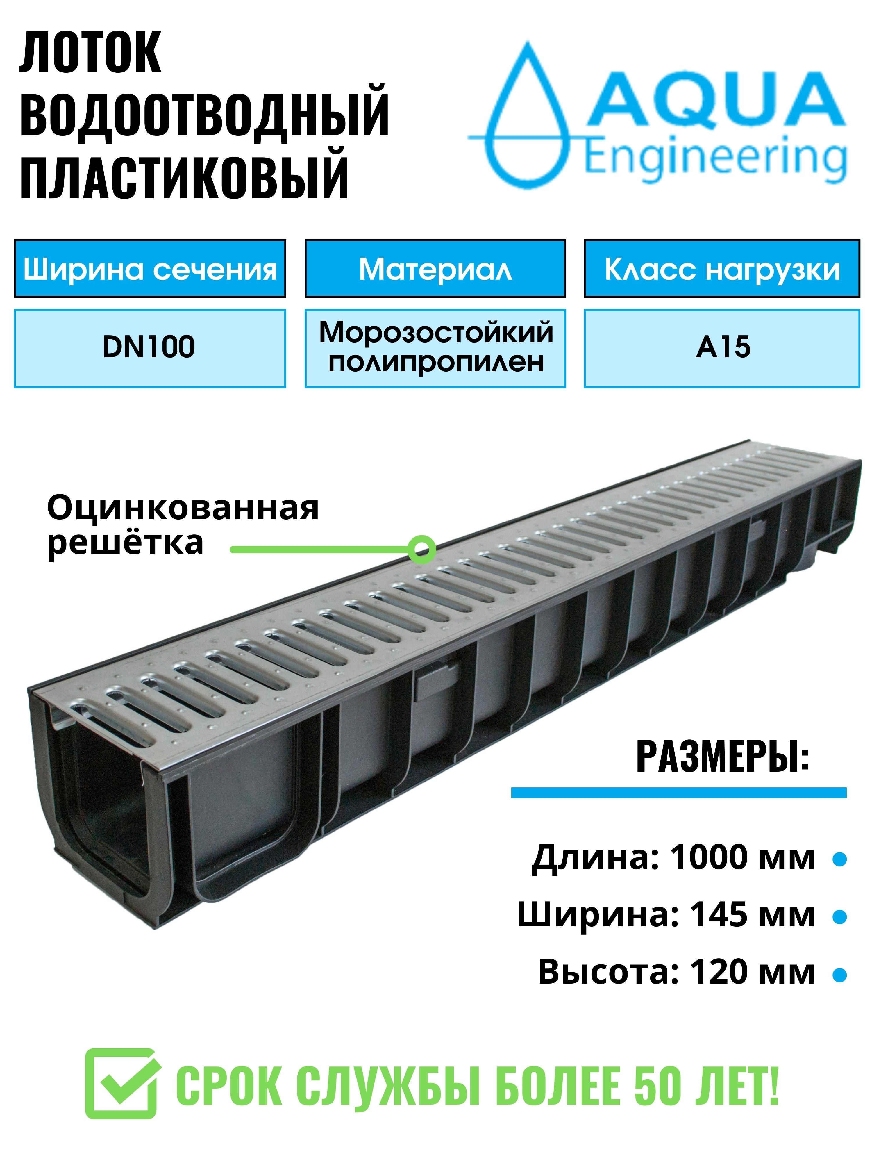 Лоток водоотводный пластиковый, дренажный, с штампованной решёткой из оцинкованной стали, 1000x145x120 мм.