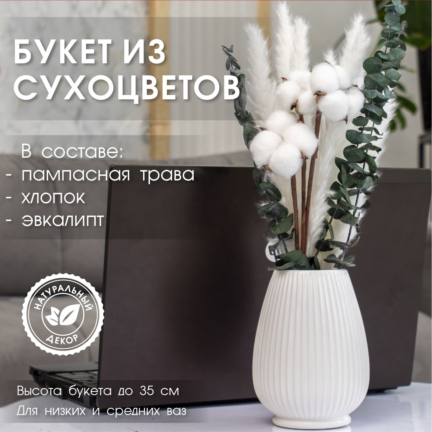 Стабилизированные цветы ENiNE decor Хлопок, Эвкалипт, 37 см, 45 гр купить  по выгодной цене в интернет-магазине OZON (666386164)