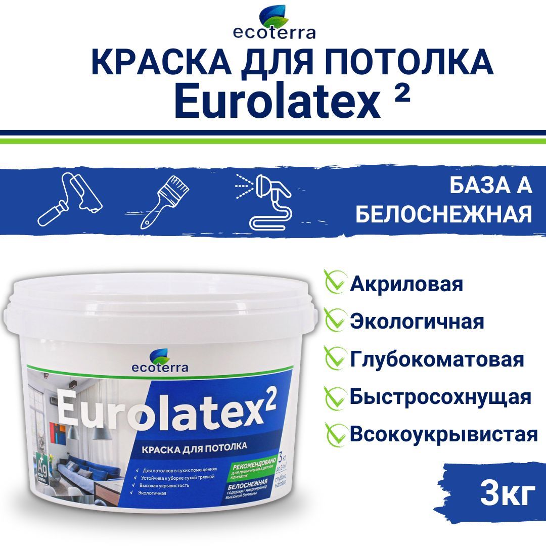КраскаEcoterraEurolatex2ВД-АК2180дляпотолков,белоснежная,3кг