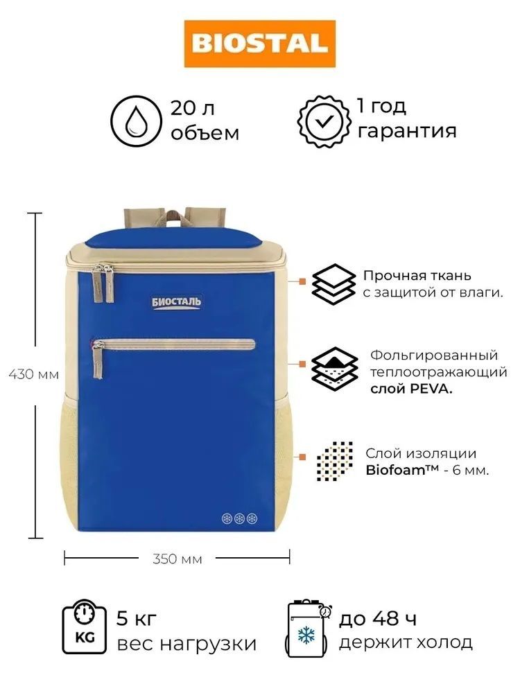 Рюкзак-холодильник Biostal Турист, синий, 20 л TR-20B