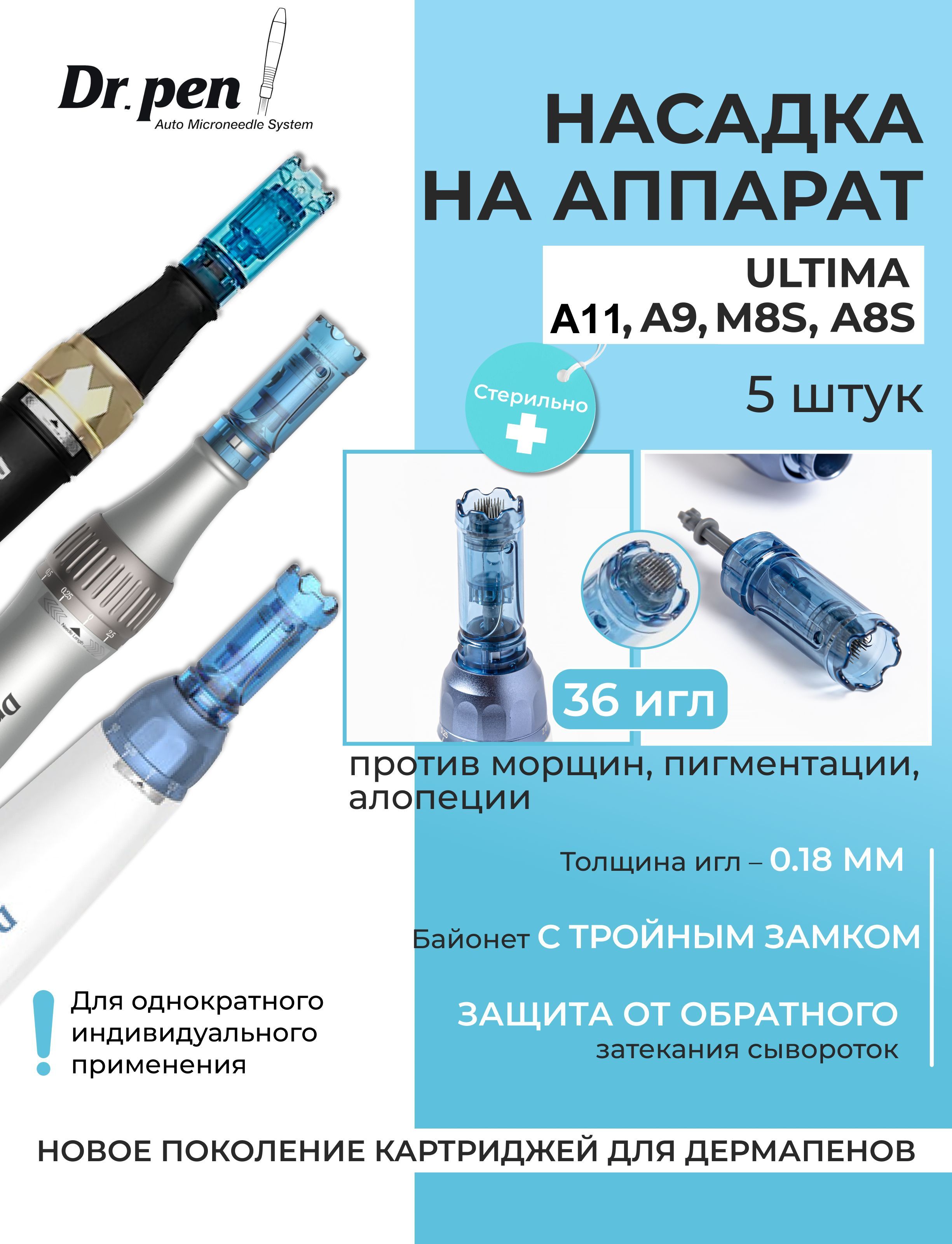 Dr.pen Картридж для дермапен на 36 игл / насадка для аппарата A11/A9/A8s/M8s, 5 шт.