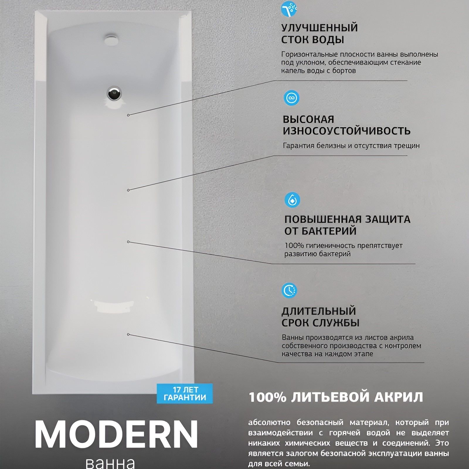 ВаннаакриловаяMarkaOneMODERN155х70смПрямоугольнаяБелая01мод15570