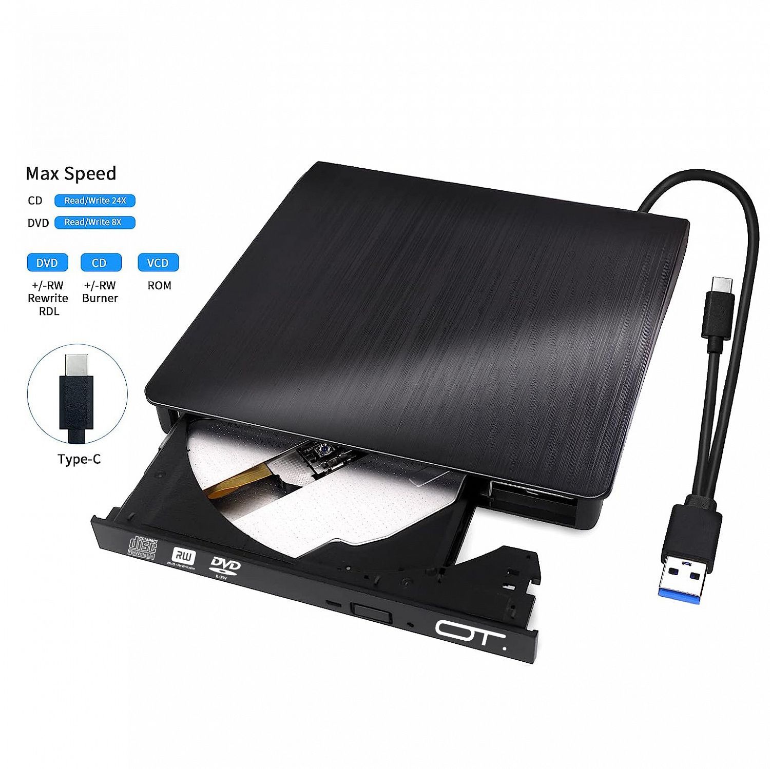 Дисковод внешний привод для ноутбука и пк CD DVD-RW USB 3.0 + переходник Type C