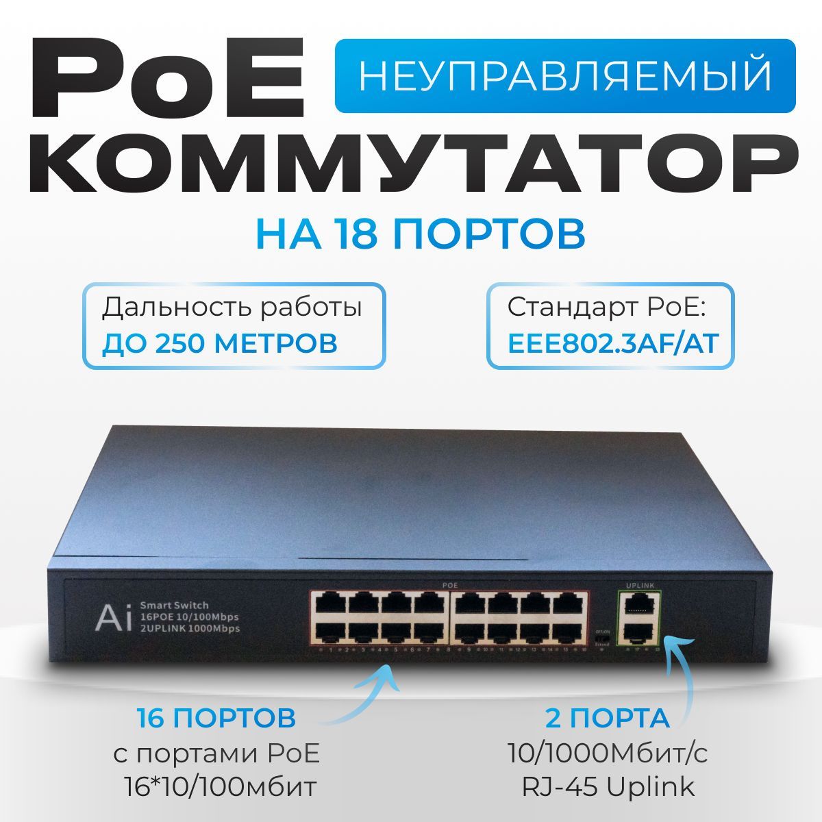 Сетевой коммутатор с 16 портами PoE ( 802.3af/at) PoE 16*10/100мбит  +2*10/1000 Мбит Порт RJ-45 , с дальностью линии до 250 метров. (PoE-3018)