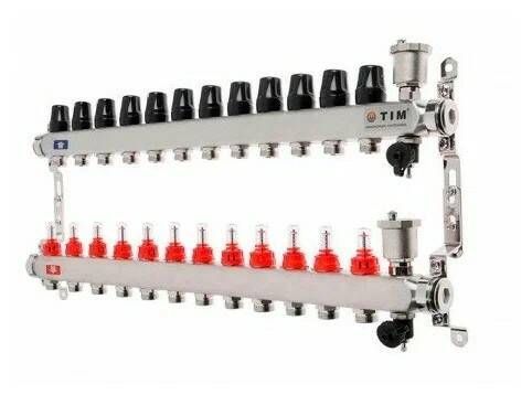 Коллекторная группа 12 контуров с расходомерами 1" * 3/4" E,с дренажными кранами и воздухоотводчиками нерж. сталь, TIM, KCS5012