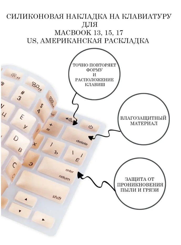 ЗащитнаянакладканаклавиатуруноутбукаAppleMacbook13,15,17,RUS/ENGраскладка(QWERTY),американскаяверсияENTER-прямой