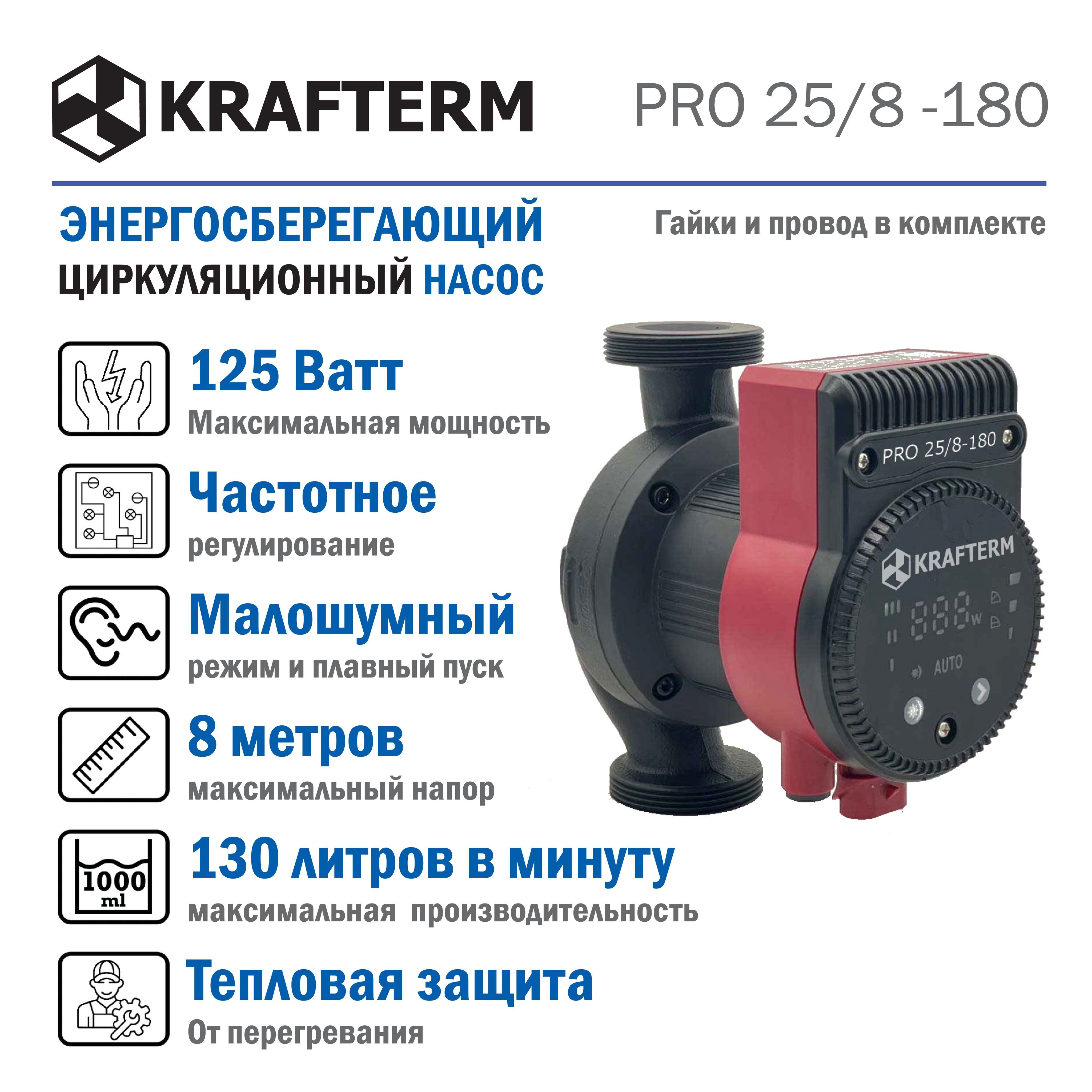 Циркуляционный насос Krafterm Pro 25/8 -180, 220 л/мин - купить по выгодной  цене в интернет-магазине OZON (1198788101)