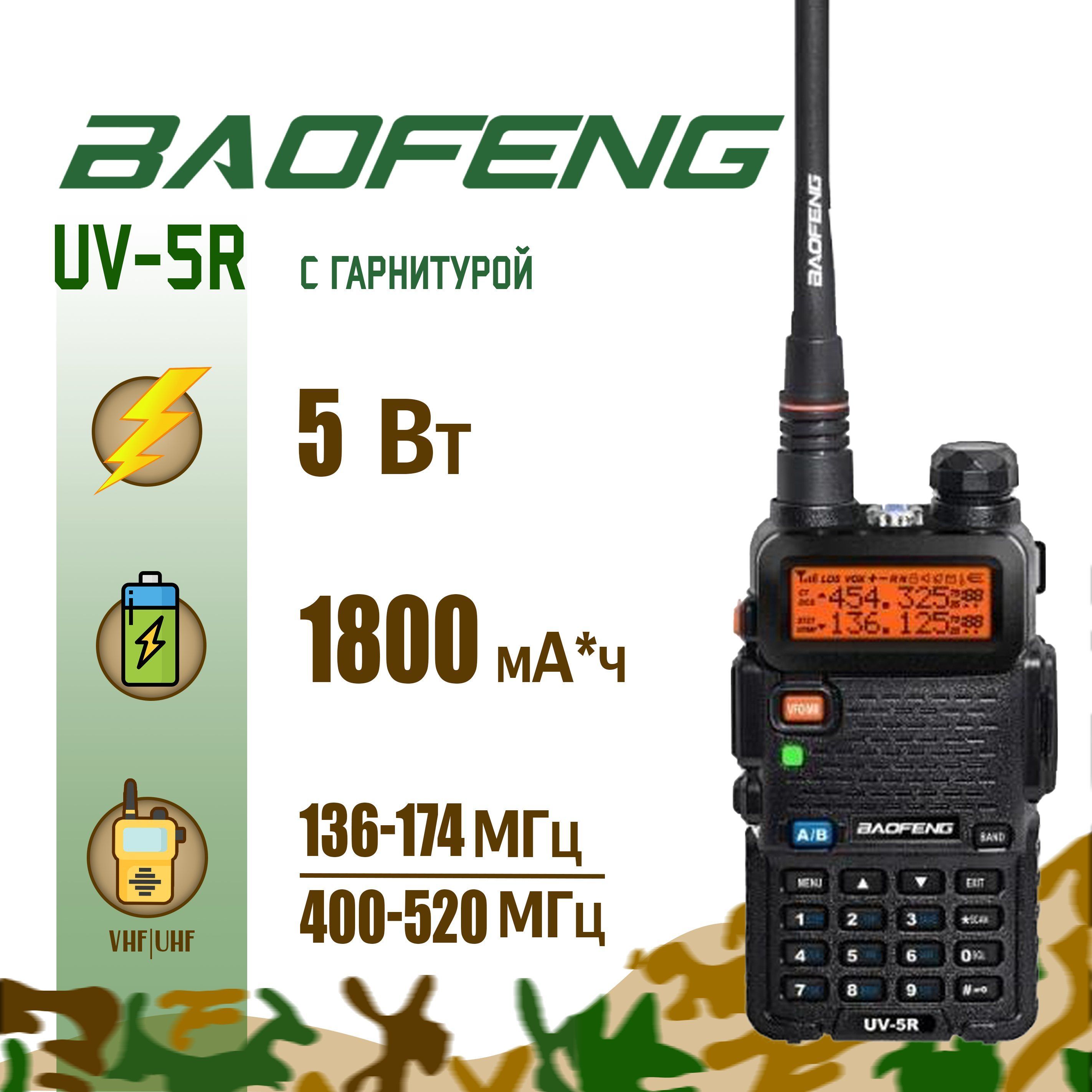 Рация Baofeng UV-5R Черная с Li-ion аккумулятором на 1800 мА*ч и радиусом до 10 км / Частота 136-174 МГц (VHF), 400-520 МГц (UHF) / IP54