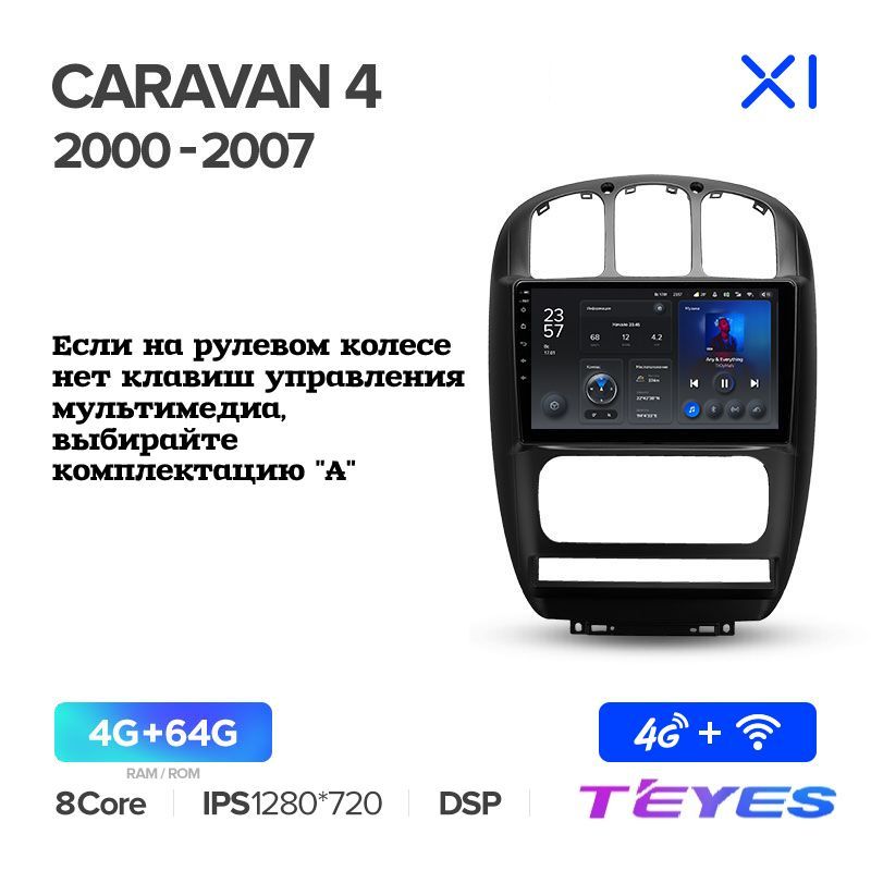 Магнитола Dodge Caravan 4 Chrysler Voyager RG RS 2000-2007 (Комплектация А) Teyes X1 4/64GB, штатная магнитола, 8-ми ядерный процессор, IPS экран,DSP, 4G, Wi-Fi, 2 DIN