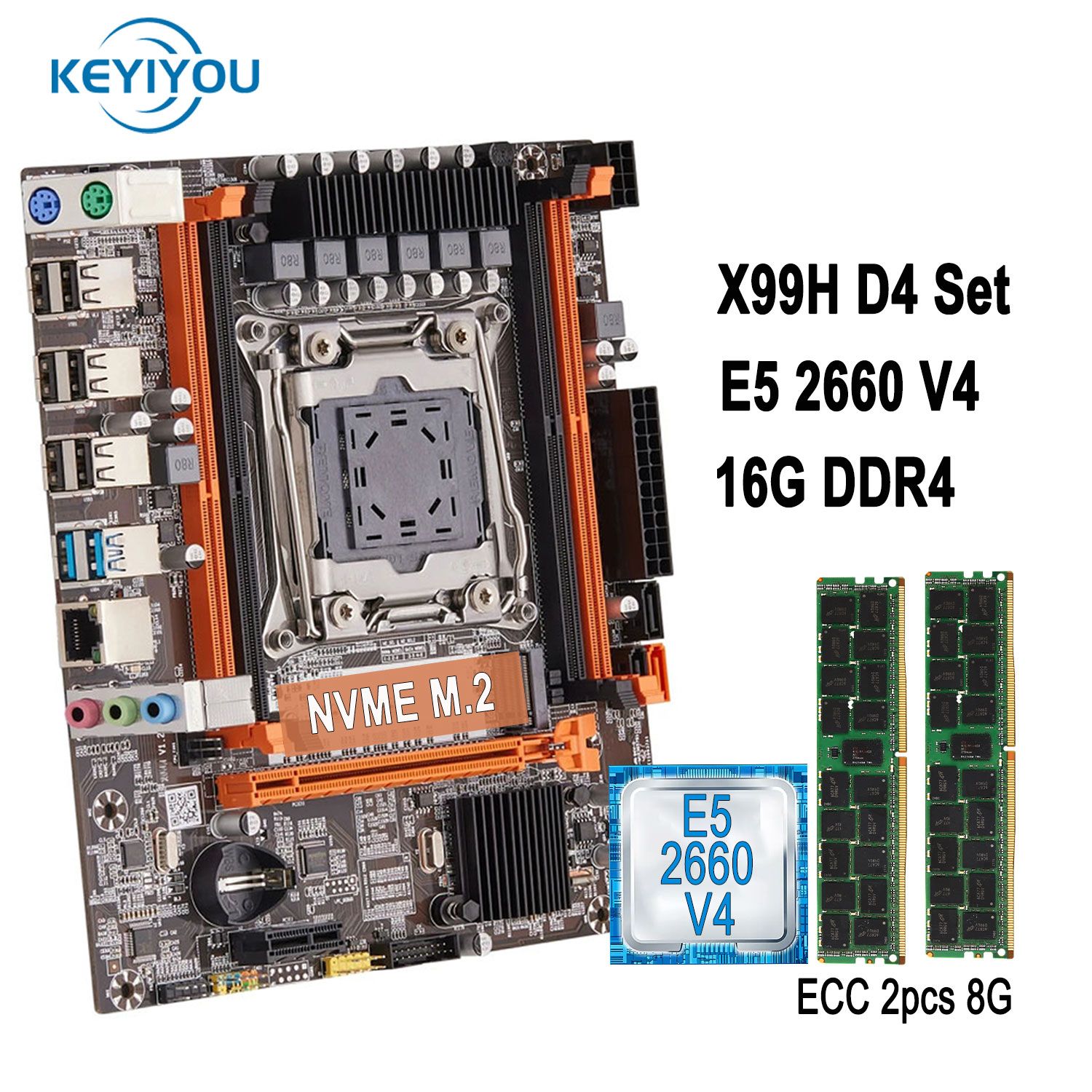 KEYIYOU Материнская плата Материнская плата X99 LGA 2011-3 Процессор Xeon  E5 2660 V4 2,0 ГГц 14 ядер/28 потоков 35 МБ + 16 Г DDR4 2133 МГц