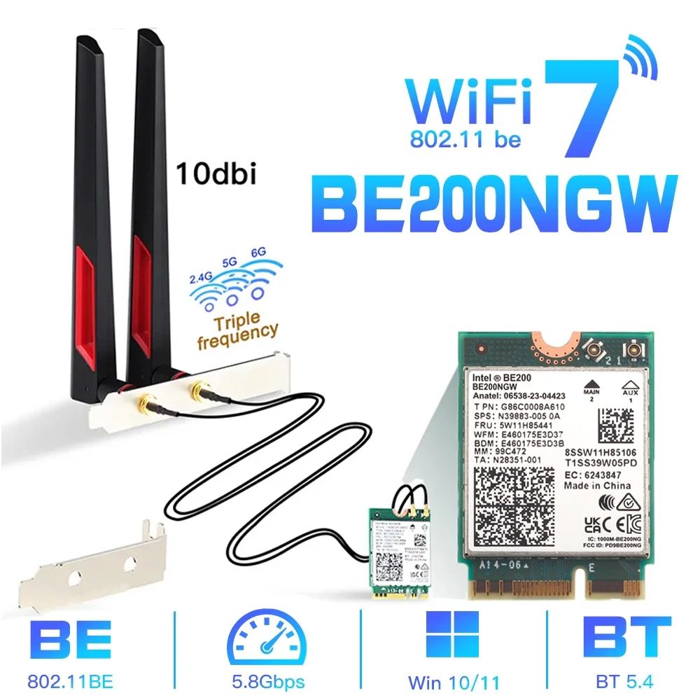 IntelСетеваякартаIntelBE200WiFi7адаптерBluetooth5.46ГГцбеспроводнойсетевойадаптер802.11beПК/ноутбукAntenneSetM.2NGFF