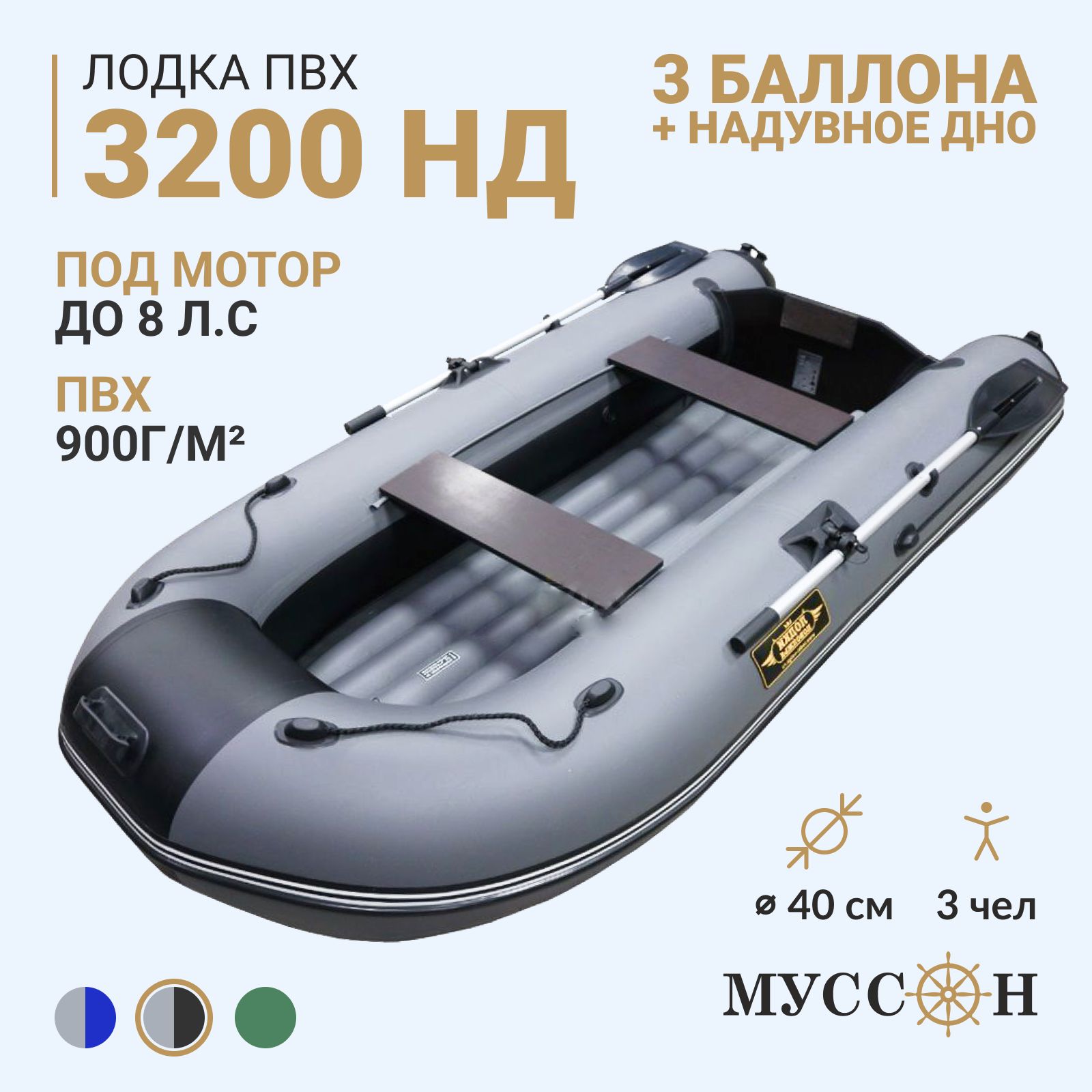 Лодка надувная для рыбалки ПВХ Муссон 3200 НД трехместная, стационарный транец под мотор, с надувным дном, серо-черная