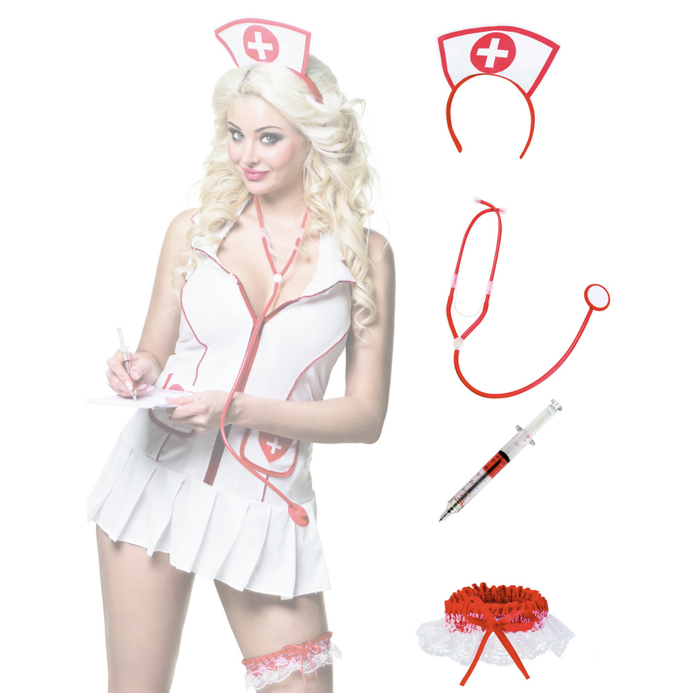 Карнавальный костюм медсестры, набор: ободок, подвязка, шприц-ручка, стетоскоп  #1