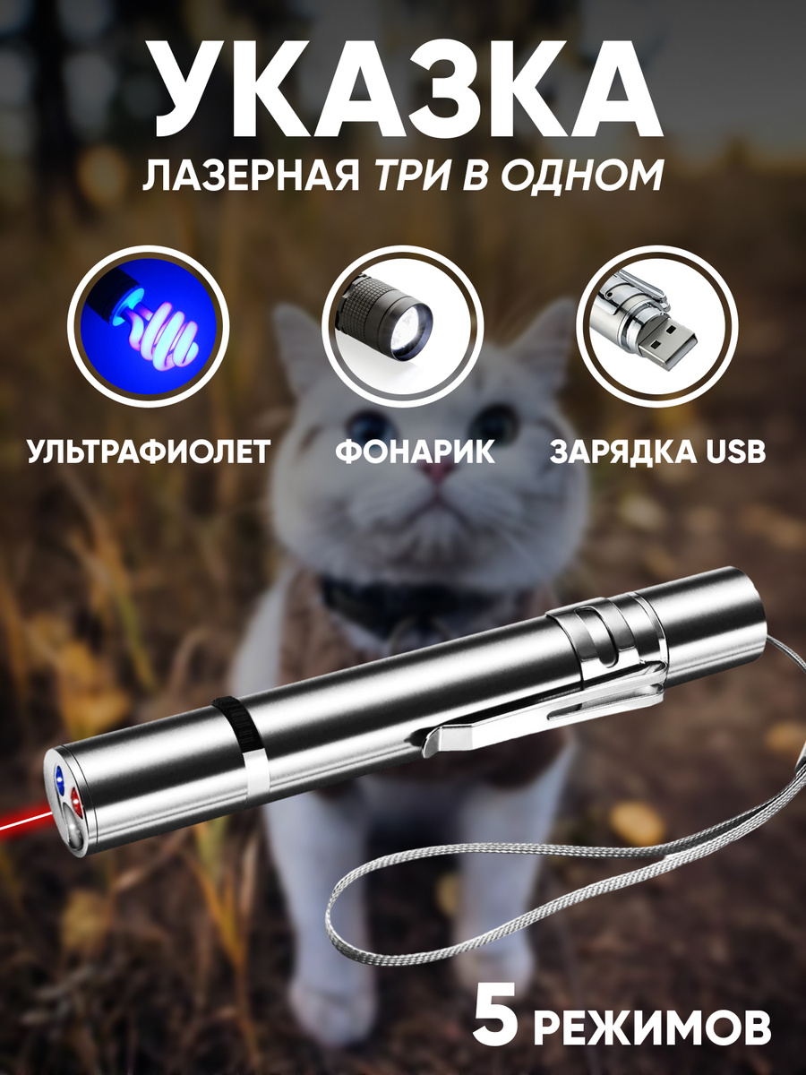 Лазерная указка для кошек и собак, Лазер, УФ, Фонарик, с USB зарядкой ...