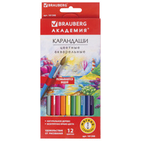 Карандаши цветные акварельные Brauberg "Академия", 12 цветов, шестигранные, высокое качество. Спонсорские товары