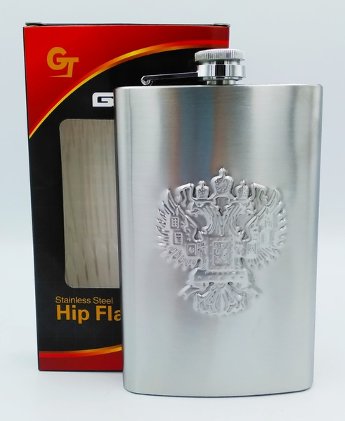 Фляжка 296мл 10oz металл гравировка Герб России, плоская мужская фляжка ...