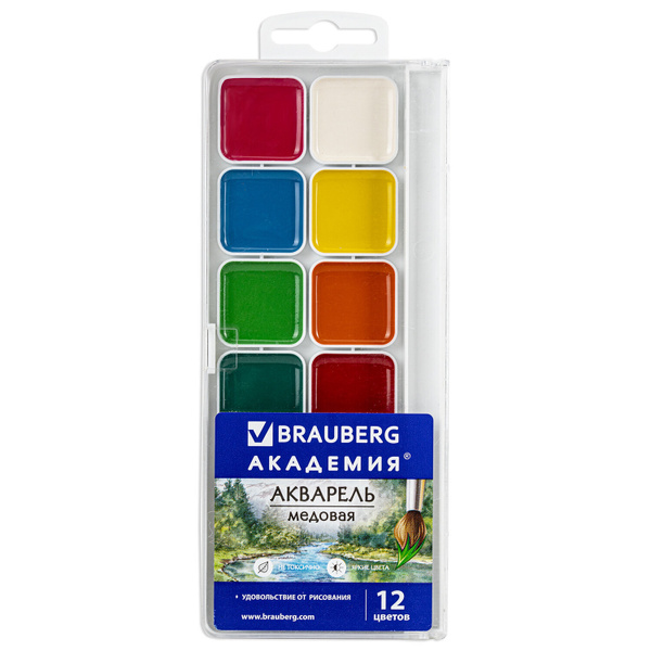 Краски акварельные Brauberg Академия 12 цветов, медовые, квадратные ...