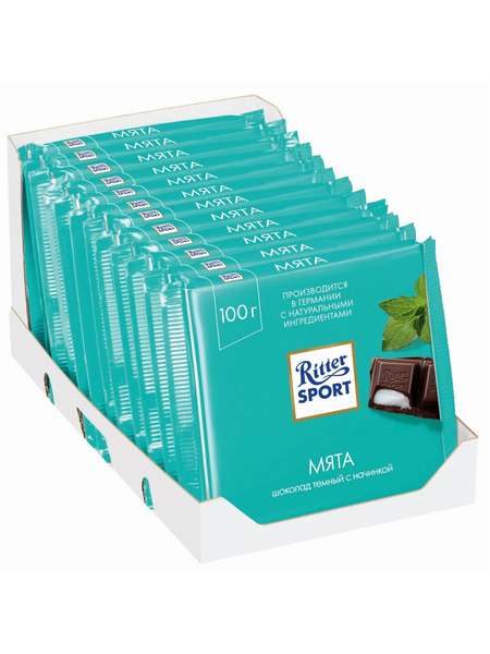 Ritter Sport Риттер Спорт Шоколад темный с начинкой Мята, 12 шт по 100 ...