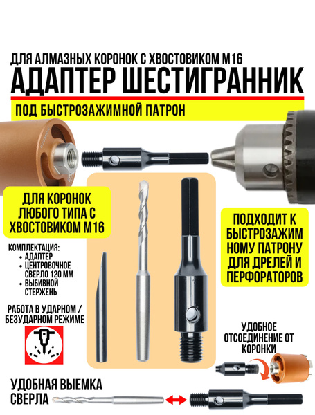 Адаптер (переходник, хвостовик) М16-шестигранник (под быстрозажимной ...