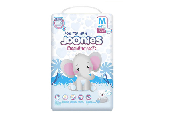 Joonies Подгузники Premium Soft размер M, 6-11 кг, 58 штук - купить с ...